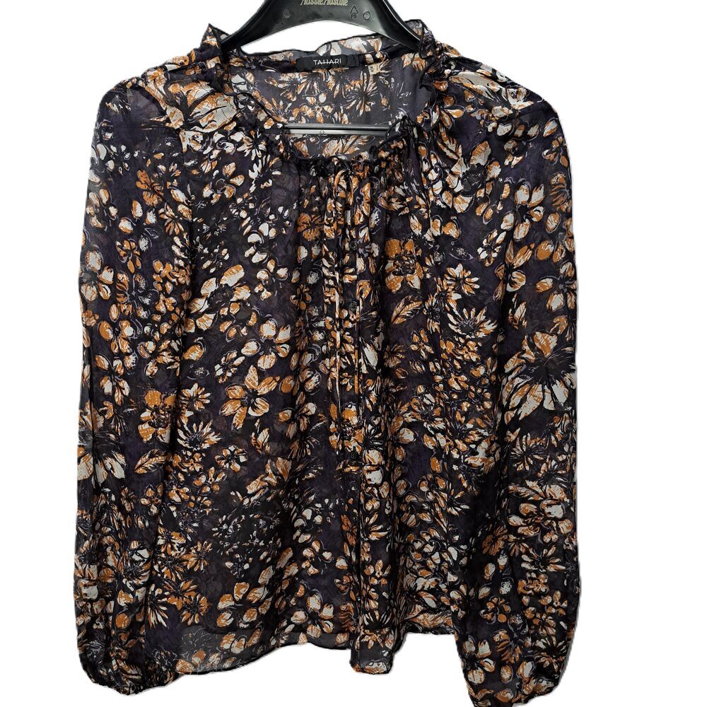 Tahari Womens Black Orange Floral Ruffle Collar Long Sleeve Tie Blouse Medium